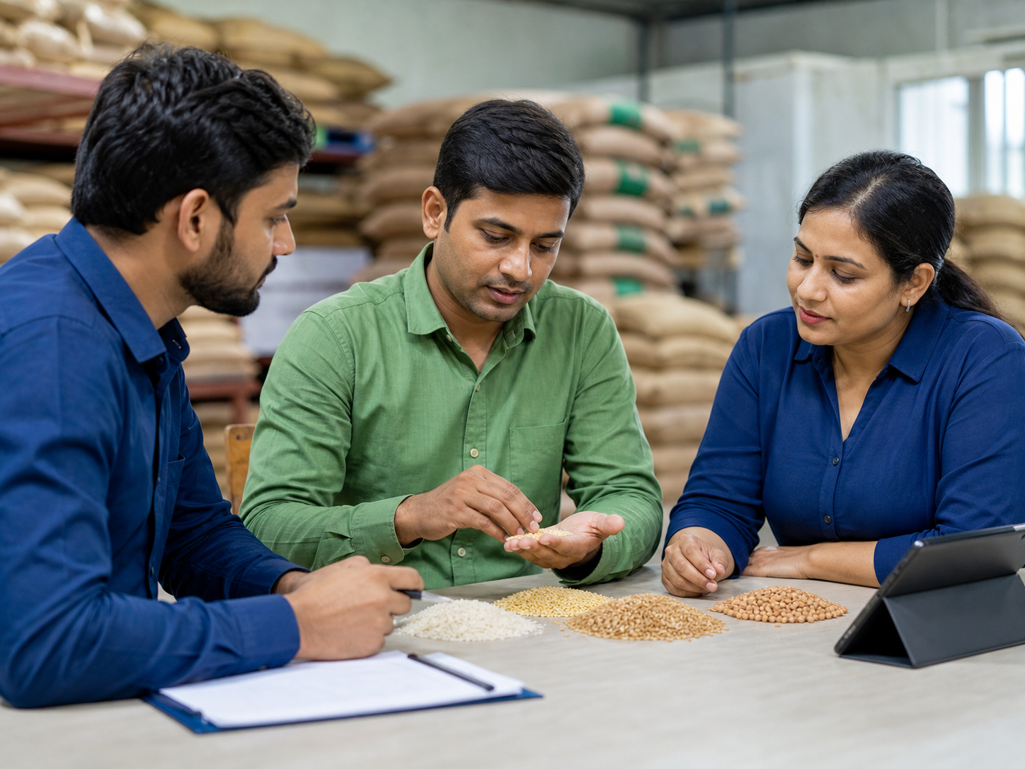 Sriakal Trade Hub team reviewing rice, pulses and grains