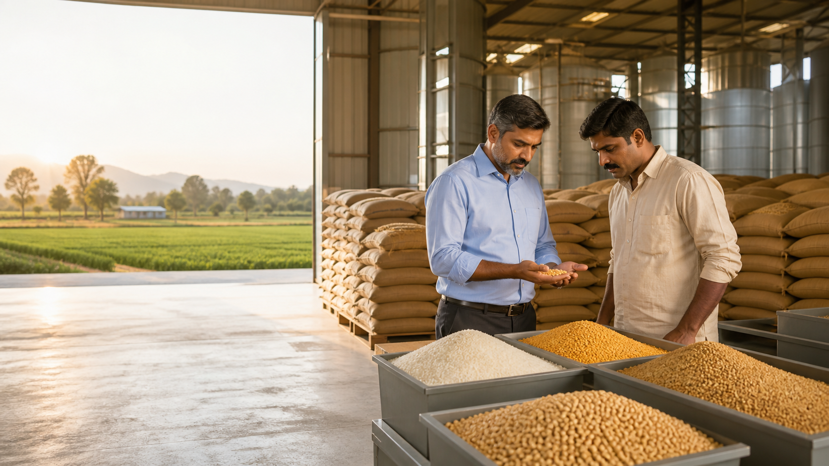 Agri-commodity professionals inspecting grains in a modern warehouse