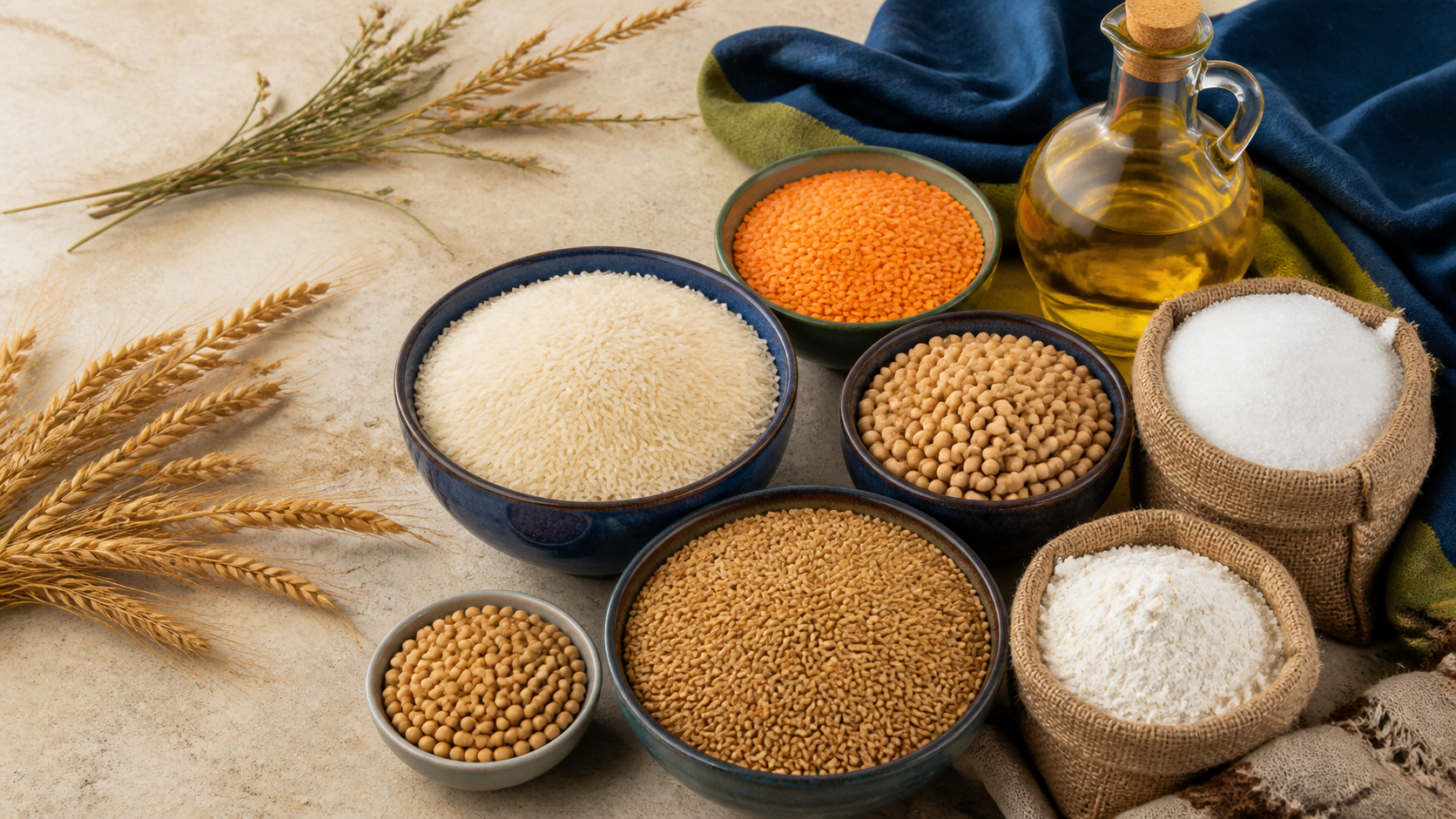 Assortment of rice, lentils, grains, flour, sugar and edible oil